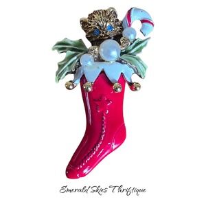 VTG Red Enamel Cat Christmas Stocking Brooch Stamped Art Candy Cane free ship